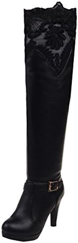 SHOWHOW Women's Elegant Mesh Flower Chunky Heel Above-the-knee Boots Black 7 B(M) US