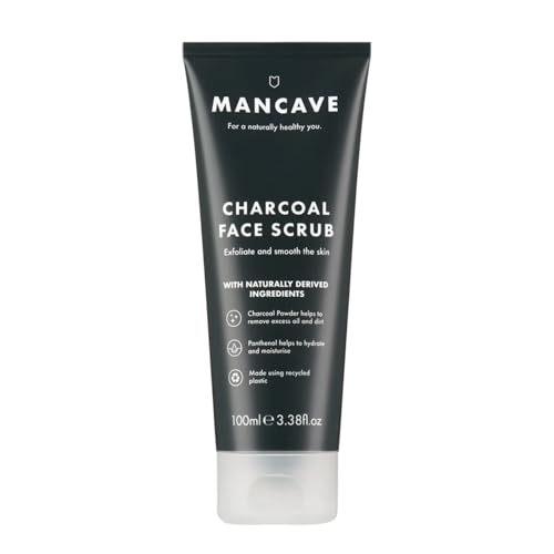 ManCave Men's Face Scrub with Active Charcoal 100 ml – Deep Exfoliating with Willow Bark Extract and Vitamin E – Deep Cleansing, Smooth Skin, Dermatologically Tested, Natural