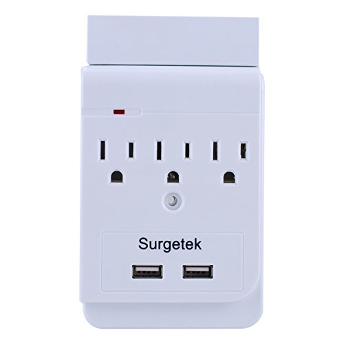 Surgetek Wall Mount 3-Outlet Grounded Surge Protector Extension Outlets Power Strip with 2 USB Charger Port&Phone Holder for iPhone 6 7 8 Plus iPhone X S8, ETL Listed (3 outlets with 2 USB)