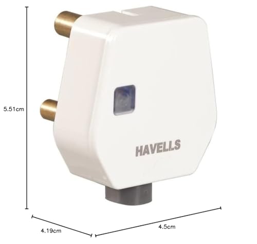 Havells 6A 3Pin Fire Retardant Polycarbonate(Unbreakable) Flat Plug Top with Indicator Constitute Heavy Brass Parts & Have Longer Durablity,Elegent Design with Glossy Finish Cord Grip Provided (White) 1