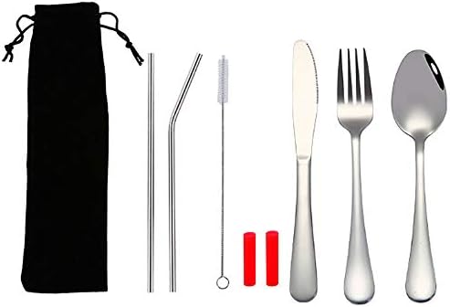 Benrise Creative Titanium-Plated Convenient Tableware Set of 6 304 Stainless Steel Set Straws Spoons and Forks Outdoor Travel Tableware Reusable Tableware (Silver)