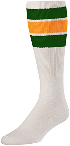 TCK Retro 3 Stripe Tube Socks, Dark Green/Gold, Large