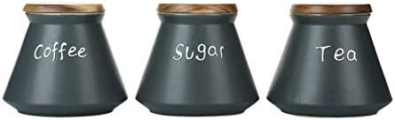 QYL Porcelain Tea Coffee Sugar Canister Set of 3 Storage Jar with Wooden Lids