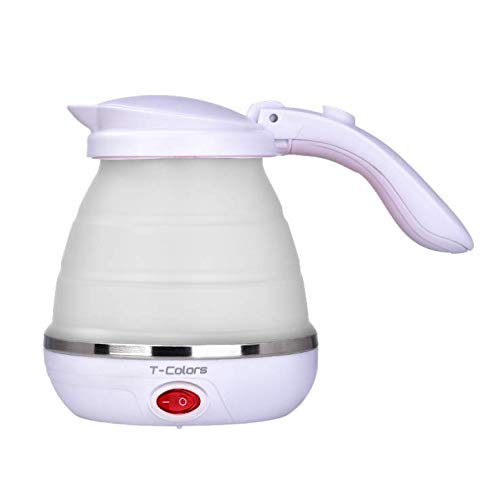 Travel kettle folding water kettle portable small capacity silicone and stainless steel electric kettle 220-240V mini kettle (White)