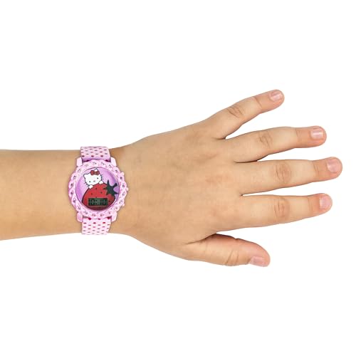Accutime Hello Kitty Kids Digital Watch with LED Display, Pink Polka Dot PU Leather Strap, Adorable Strawberry Design, Fun Light-Up Feature, Durable & Adjustable Fit for Wrist Sizes 5.5