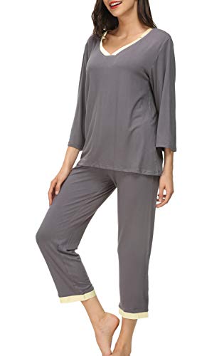 Invug Women 3/4 Long Sleeve Shirt Pants Set Sleepwear V Neck Long Pajamas Loungewear Grey XL