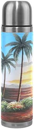 Water Bottle Hawaii Beaches for Family Fun Sports Insulated Stainless Steel Water Bottles Leak Proof Double Wall Thermos Leather Cover 17 Oz 500ml