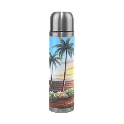 Water Bottle Hawaii Beaches for Family Fun Sports Insulated Stainless Steel Water Bottles Leak Proof Double Wall Thermos Leather Cover 17 Oz 500ml