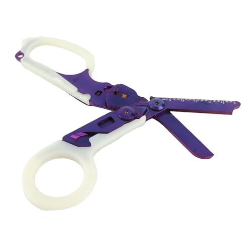 Herramientas de Tijeras de Rescate para Acampar, corte de trauma plegable con interruptor de vidrio de acero inoxidable Manija luminosa de trauma plegable para al aire libre (Púrpura)
