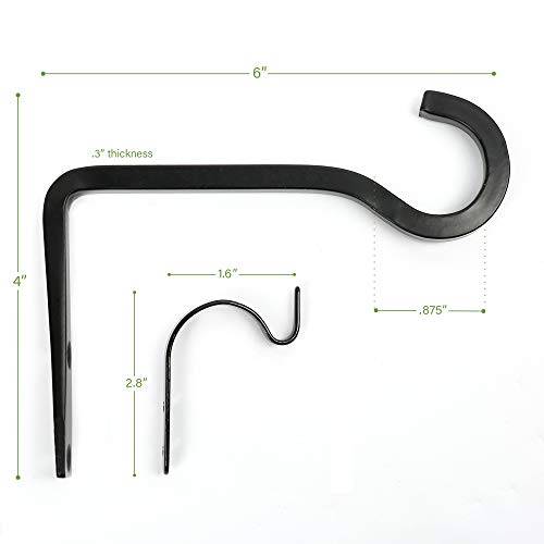 LotFancy 2pc Wall Hooks for Hanging Plants Outdoors, 6 inch Black Iron Metal Hanger Bracket for Hanging Baskets Indoor, Lantern, Bird Feeders, Wind Chimes, Home Décor, with 2 Extra Small Hooks