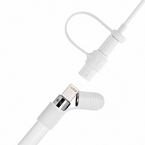 Lightning Power- 3-pc Set Premium Silicone Pencil Cap Holder + Lightning Adapter Tether + Tip Cover for Apple Pencil (White)