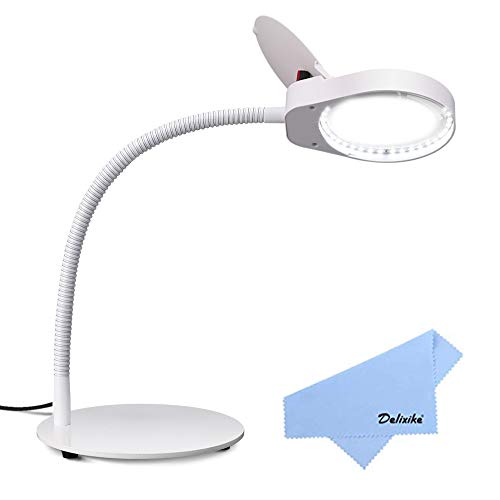 Delixike Magnifying Glass with Light and Stand,3X Dimmable Magnifying Lamp with Adjustable Gooseneck for Close Work,Reading,Crafts,Workbench,Task,White