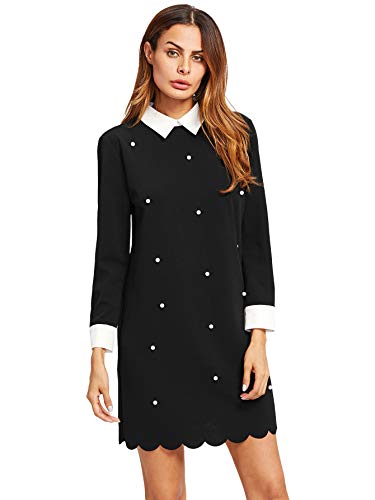 Floerns Women's Causal Peter Pan Collar Long Sleeve Pearl Shift Dress Black-6 M