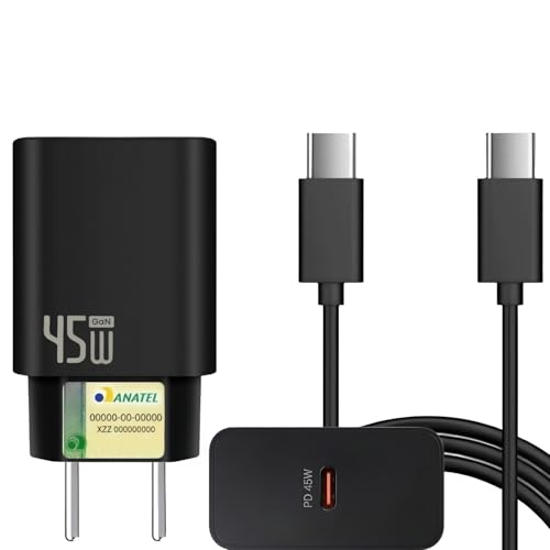Carregador Turbo 45W + Cabo USB-C de 1m - Carregamento Rápido e Eficiente para iOS, Android, Tablets - Tecnologia GaN, Segurança Garantida