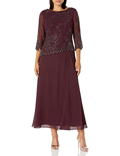 J Kara womens 3/4 Floral Beaded Pop Over Gown Formal Dress, Wine Multi, 16 Peti…