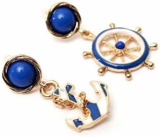 Cute Blue Anchor Rudder Drop Earrings Gold Plated For Women