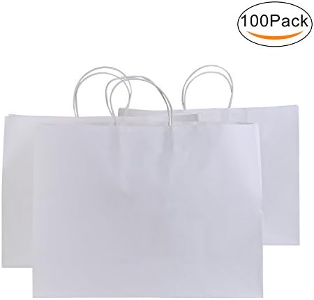 Road 16x6x12 Inches 100 Pcs Large Kraft White Paper Bags with Handles, Shopping, Grocery, Mechandise, Party Bags