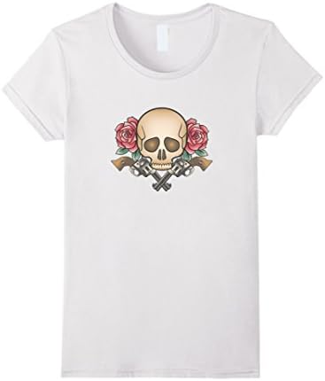 Womens Skull Red Roses And Guns - Graphic T-shirt XL White
