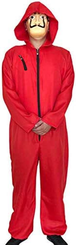 Mens Unisex Dali Mask Red Costume for Long-Sleeve Zipper Coverall Jumpsuits Halloween Adult Cosplay Hoodie Costume