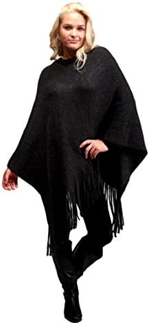 Solid Color Sweater Poncho Shrug with Fringe for Women (Black)