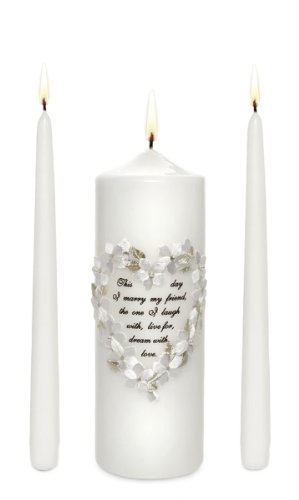 Celebration Candles Unity Candle Set with Floral Heart Frame and This Day I Marry My Friend Verse, White.