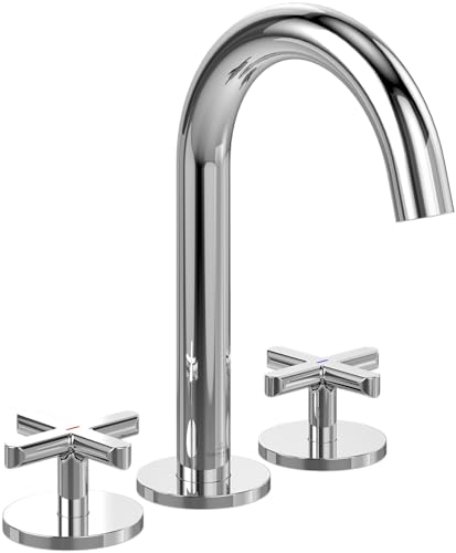 Villeroy & Boch Loop & Friends rubinetteria lavabo a tre fori, senza piletta di scarico, miscelatore lavabo a risparmio idrico, altezza bocca di erogazione 144mm, rotondo, cromato