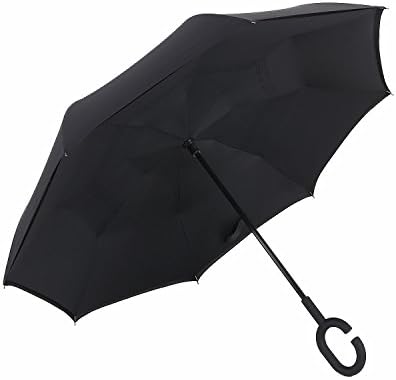 Inverted Umbrella, FiveMax Reverse Folding Double Layer Outdoor Rain Away Car Umbrella with C Shape Handle for Hands-Free (Black)