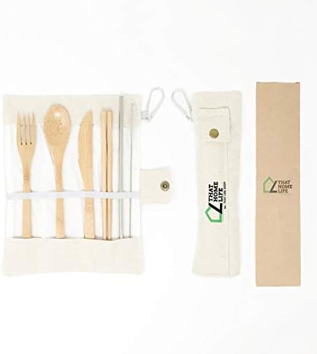Bamboo Travel Utensil Set - Bamboo Cutlery Set w/METAL Straw - Travel Utensils With Case – 7 in 1 Bamboo Utensils Set – Reusable Bamboo Spoon, Fork, Knife, Chopsticks, Cleaner, and Bamboo Toothbrush