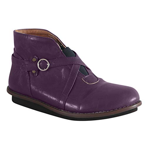 Dermanony Womens Retro Short Boots Comfortable Round Toe Buckle Strap Leather Boots Low-Heeled Casual Ankle Booties Purple