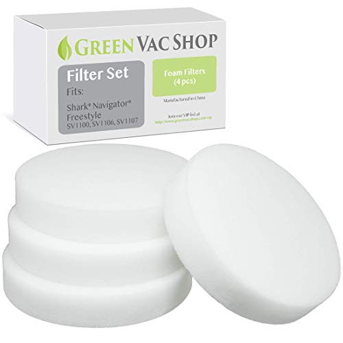 GreenVacShop 4-Pack Shark Navigator & Rotator Freestyle Cordless Vacuum SV1100, SV1106, SV1107, SV1110, SV1112 Replacement Filter Set, 4 Foam Filters, Replaces Shark Part# XF1100T