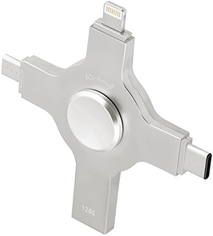 USB 128GB Flash Drives iPhone Memory Storage 3.0 U disk Richwell External Storage 4in1 for Apple iPhone iPad iOS Mac Android Type-C and Computers (Silver gray128G)