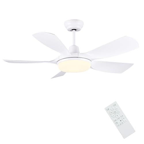 Newday 42 White Ceiling Fan with Remote Control, Dimmable LED, Reversible 5 Blades, Quiet DC Motor, 6 Speeds, Memory Function for Bedroom, Living Room, Patio