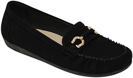 Belladia Boss-01 Women's round toe moccasin golden buckle suede slip on flat shoes Black 7