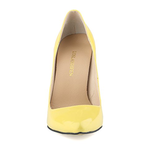 Loslandifen Womens Shoes Closed Toe High Heels Women's Pointed Slender Leather Pumps (38 M EU/7.5 B(M)US, yellow)