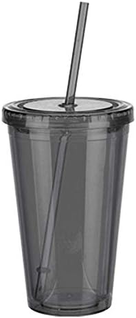 EUTUOPU Smoothie Plastic Iced Tumbler Double-walled Ice Cold Drink Coffee Juice Tea Travel Cup Bottle Mug With Straw Liquid Beaker Lid About 500ml 1 Pcs (Black)