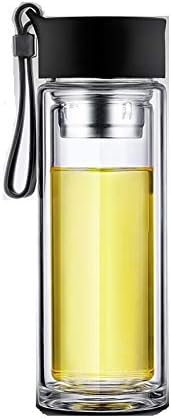 iRSE Tea Infuser Bottle Double Wall Glass Tumbler with Modern Design Lid Fruit Water Infuse Stainless Steel Loose Leaf Strainer hot Cold Drink Filter Fruits Herbs Spices Detox, 9 oz (Black)