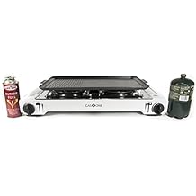GAS ONE GS-2000 Dual Fuel Portable Propane & Butane Double Stove with NON STICK GRILL Camping and Backpacking Gas Twin Stove Burner with Carrying Case (Stainless Steel & White)