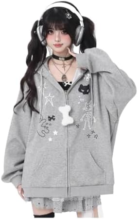 Y2K Bunny Ear Hoodie Harajuku Kawaii Striped Zip Up Hoodie Vintage