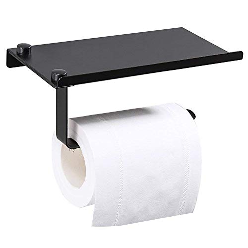 Gricol Toilet Paper Holder Space Aluminum Tissue Rolls Storage Shelf Self Adhesive Wall Mount with Mobile Phone Shelf