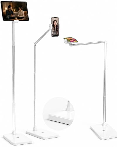 Ssumght Tablet Floor Stand, 2kg Weighted Base Phone & iPad Holder, Height Adjustable Arm with 360° Rotation, Overhead Bed Mount for 3.5-12 inch Phones Tablets, Easy Assembly
