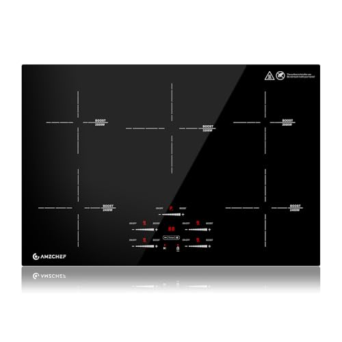 AMZCHEF Induktionskochfeld 80cm, Einbau Induktionskochplatte 5 Zonen mit Booster und 9 Stufen, Pausenfunktion, Warmhalten, Slider-Steuerung, Timer, Si