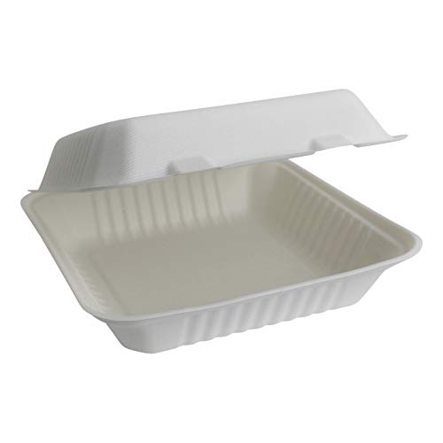 Brheez 9”x9”x3” Bagasse Takeout Natural Disposable Clamshell Lid Containers, Biodegradable, Compostable & Chemical Free - Pack of 50 - Thumbnail 3
