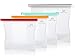 Reusable Silicone Food Storage Bags - Stand Up Ziploc Bag for Lunch, Liquid, Fruit, Sous Vide - Microwave, Freezer, Dishwasher Safe - Set of 4 + Produce Mesh Bags