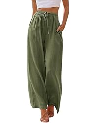 LILLUSORY Women's Green Boho Linen Palazzo Pants