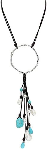 PearlyPearls Freshwater Pearl Leather Necklace with Turquoise Pendant Bohemian Jewelry for Women 20'' Black