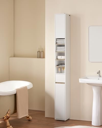 SoBuy Muebles para Baño, Organizador de Baño Estrecho, Mueble Esquinero para Baño, Armario de Almacenamiento Baño, Armario Alto con Cajón y Estantes Ajustables, de 180cm(Natural BZR34-WN)