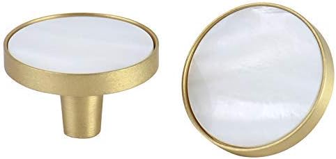 Decorative White Shell Round Kitchen Cabinet Knobs and Pulls Brushed Brass Marble Drawer Cupboard Door Pulls Handles Gold 4Pack (4,32x25mm)