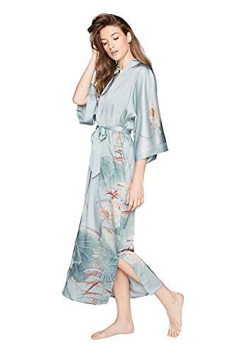 Old Shanghai Women's Kimono Robe Long - Watercolor Floral, Maren- Whisper Blue - Thumbnail 2