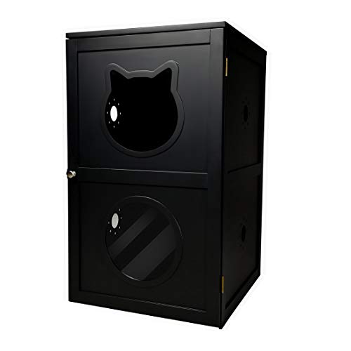 Good Life Double-Decker Indoor Pet Crate 2 Story Cat Litter Box Enclosure Furniture Cat House with Table Home Nightstand Large Box White Pink Color (Black)