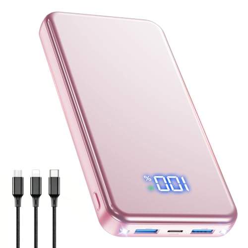 Power Bank, 30% Größere Kapazität 26800mAh Powerbank, mit 3-in-1 Kabel,Rosa